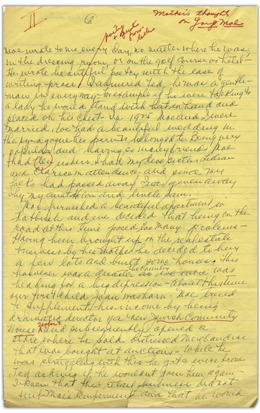 Moe Howard's Handwritten Manuscript Page When Writing His Autobiography -- Timeline of Important Events From 1916-1970 -- Two Pages on One 8'' x 12.5'' Sheet, Plus Additional Page of Helen's Notes